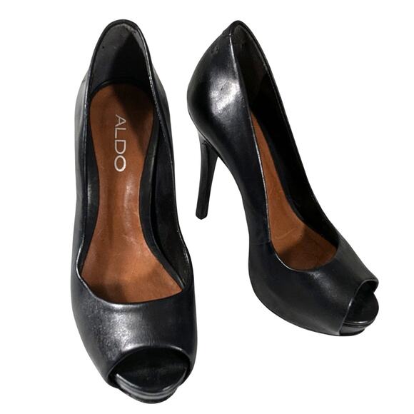 ALDO! GORGEOUS BLACK GENUINE ALL LEATHER PEEP TOE STILETTO PUMPS, HEELS! SZ 4.5 - Picture 10 of 10
